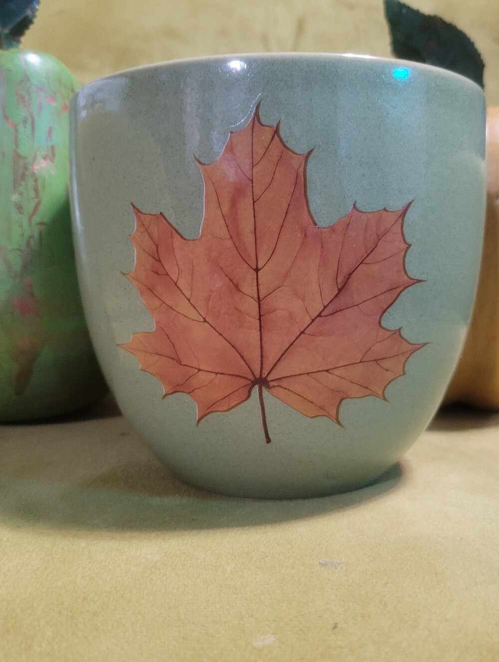 Vintage Style Green Ceramic Mug with Autumn Maple Leaf Design, Fall Planter